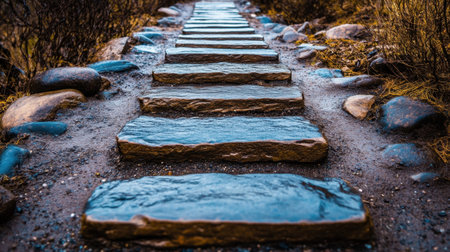 Discover a serene pathway lined with stone steps, reflecting tranquility and inviting exploration in a lush natural landscape, perfect for outdoor adventures.の素材