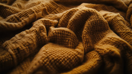 A closeup view of a soft, textured blanket in warm tones, showcasing its inviting fibers. Perfect for home decor projects, comfort items, and lifestyle photography.の素材