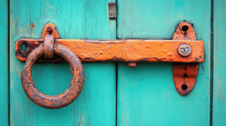 A vintage orange lock is showcased on a teal wooden door, exhibiting rust accents and circular hardware that enhance its character and charm.の素材