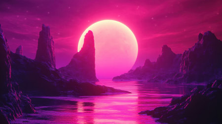 A breathtaking scene featuring a vibrant sunset illuminating an alien landscape. The jagged rock formations rise majestically from a tranquil sea, bathed in surreal pink and purple hues that create a mystical atmosphere.の素材