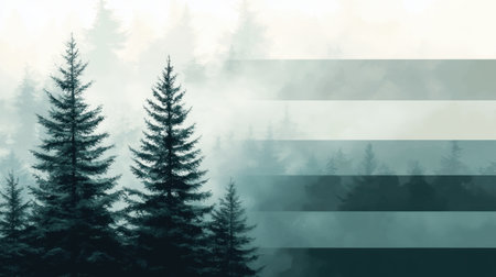 A serene misty forest landscape showcasing tall pine trees enveloped in fog. This atmospheric image captures the tranquility of nature, perfect for various design and art projects.の素材