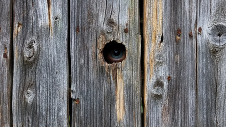 This image features a close-up view of a rustic wooden fence with a unique hole revealing an eye, capturing a sense of mystery and intrigue in nature.の素材
