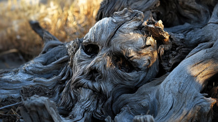 A striking close-up of a tree trunk illustrates an intricate formation resembling a ghostly face. The interplay of light and shadow enhances the natural artistry, making it a captivating subject in the wild.の素材