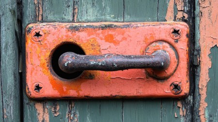 Close-up view of a vintage orange door handle on a weathered green wooden door. The peeling paint reveals rustic textures, ideal for design inspiration.の素材