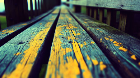 This image features weathered wooden planks with vibrant yellow paint spots, creating a striking visual contrast. The soft focus background enhances the rustic charm.の素材