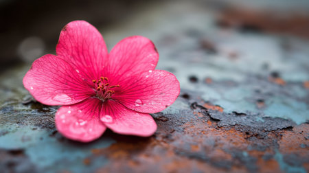 A stunning close-up of a delicate pink flower resting on a rusted surface, showcasing intricate details, natural beauty, and texture. Perfect for nature-themed projects.の素材
