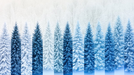 A stunning winter landscape featuring frosty pine trees layered against a soft blue gradient. This serene scene captures the beauty of nature in cold weather.の素材