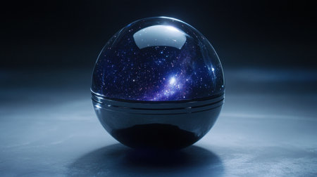 This stunning image captures a futuristic glass orb filled with a vibrant galaxy, complete with sparkling stars and cosmic reflections, creating a mesmerizing visual.の素材