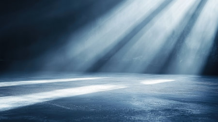 This serene image captures ethereal rays of light cutting through a dark atmosphere, creating a tranquil and mystical ambiance in an empty space.の素材