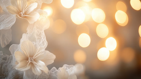A captivating soft focus image featuring delicate white flowers intertwined with glowing warm lights, perfect for romantic and serene themes.の素材