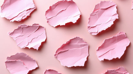 A collection of irregularly torn pink paper scraps arranged on a soft pink background, perfect for creative projects, design inspiration, and artistic layouts.の素材