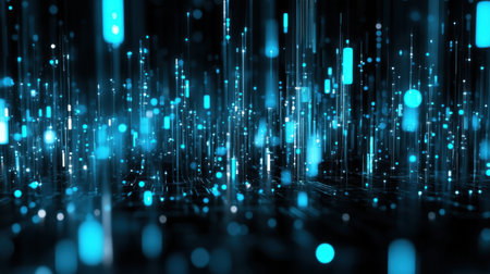 Captivating abstract image showcasing blue light rays and sparkling particles set against a dark background, creating a futuristic and serene atmosphere.の素材