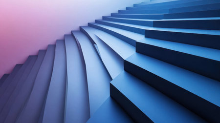 This abstract image features a smooth gradient staircase with deep blue tones against a soft pink background, showcasing modern artistic principles and minimalism.の素材