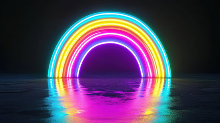 A stunning neon rainbow arch radiates vibrant colors in a dark environment, reflecting beautifully on a polished surface, creating an enchanting atmosphere.の素材