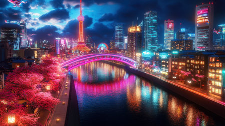 A stunning futuristic cityscape at night showcasing vibrant neon lights and cherry blossom trees, beautifully reflecting in the calm water. The lively scene captures the essence of urban beauty and tranquility.の素材