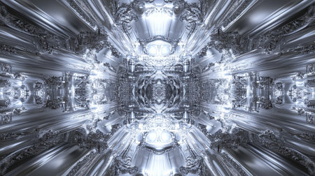Explore a mesmerizing abstract design featuring intricate silver patterns and shiny surfaces, creating a dynamic and luxurious visual experience.の素材