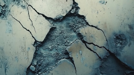 This image showcases a close-up view of a cracked concrete surface, revealing a textured and weathered appearance. Ideal for urban and industrial themes.の素材