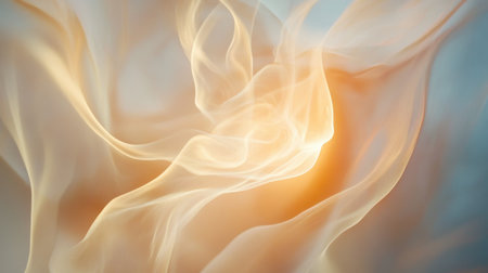 This stunning image features soft golden smoke wisps gracefully flowing against a light blue backdrop, creating a sense of ethereal beauty, tranquility, and dynamic movement.の素材