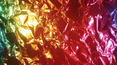 This image features a crumpled metallic foil background with bright colors reflecting light, perfect for art projects, festive themes, and creative designs.の素材