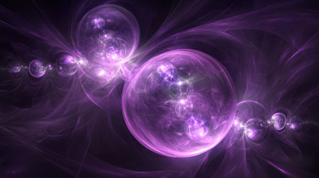This abstract digital artwork features vibrant purple bubbles and swirling forms in a cosmic backdrop, creating a mesmerizing visual experience.の素材