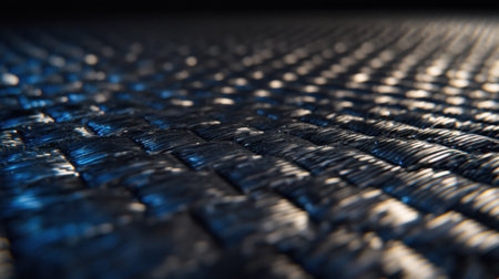 A captivating close-up shot of a textured black woven material, showcasing intricate patterns and reflections of light. Ideal for backgrounds or artistic projects.の素材