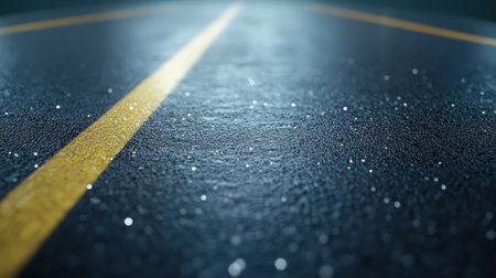 This image captures a close-up view of a wet asphalt road featuring a yellow line, illuminated by ambient light at night, creating an atmospheric scene.の素材