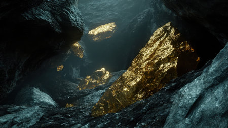 A striking image of glimmering gold rocks nestled in a dark cave. The interplay of light and shadow creates a captivating atmosphere, highlighting the textured surfaces.の素材