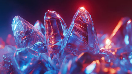 Explore a mesmerizing arrangement of vibrant crystals illuminated by soft blue and red lighting, showcasing their stunning clarity and elegance in detail.の素材