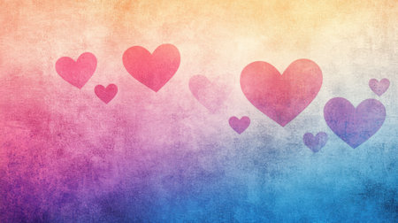 A vibrant and colorful background featuring hearts with a smooth gradient, perfect for romantic design projects or creative expressions of love and joy.の素材