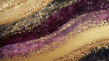 This elegant abstract background features flowing waves of gold and purple glitter, creating a luxurious and artistic design perfect for various creative projects.の素材