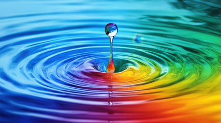 This captivating image showcases a single droplet falling into a vibrant pool of water, creating ripples and colorful patterns. The serene ambiance invites reflection and creativity.の素材