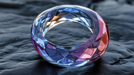A colorful geometric crystal ring features stunning light reflection and transparency against a dark textured background. Ideal for art and design projects.の素材