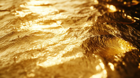This image showcases a shimmering golden surface, beautifully capturing light and reflections in its textured, wavy patterns, ideal for artistic backgrounds.の素材