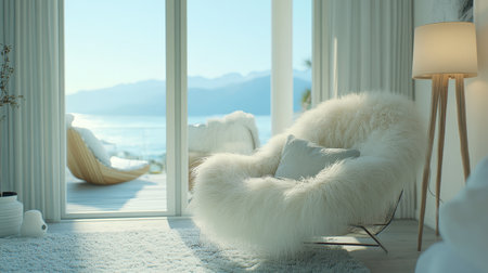 This image captures a stylish living room featuring a cozy chair and large glass doors that offer picturesque ocean views, creating a tranquil atmosphere.の素材