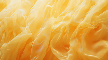 This image features a close-up of soft satin fabric in a radiant golden yellow hue, showcasing elegant drapes and flowing textures that evoke tranquility.の素材