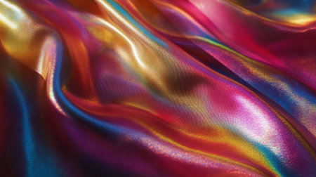 This stunning image showcases vibrant satin fabric in flowing waves, featuring rich hues of red, gold, blue, and purple that shimmer beautifully.の素材