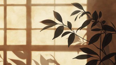 A tranquil scene featuring soft light filtering through a window, casting gentle shadows of leaves onto a warm wall, creating a peaceful indoor atmosphere.の素材