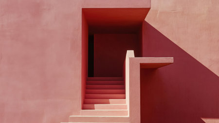 This captivating image showcases modern minimalist architecture featuring soft pink walls and a sleek staircase. The play of light and shadow creates a serene atmosphere perfect for contemporary design themes.の素材