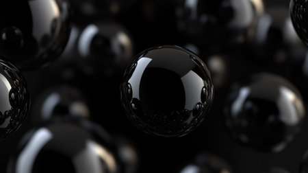 This captivating image features abstract black bubbles floating against a dark backdrop, showcasing a blend of reflections and softness. Perfect for design projects.の素材