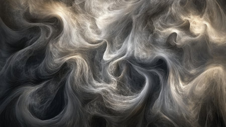 A captivating abstract texture illustrating swirling patterns of smoke-like forms in gray and white hues. Ideal for creative projects or backgrounds.の素材