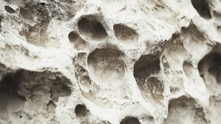 This close-up image captures a unique textured rock formation featuring paw prints and natural cavities, showcasing earthy tones and intricate patterns.の素材