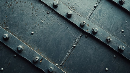 Detailed view of an industrial metallic surface featuring bolts and rivets, ideal for backgrounds or design projects focusing on texture and strength.の素材