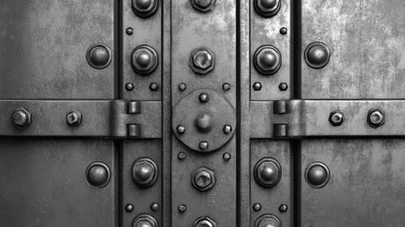 A close-up view of a durable industrial metal door featuring intricate rivets and bolts. The weathered surface adds depth and character, perfect for architectural projects.の素材