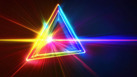 A captivating triangular prism radiates a spectrum of colorful light rays against a dark background, showcasing a fusion of creativity and modern design.の素材