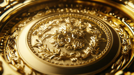 Explore the exquisite detail of a circular gold engraving adorned with floral patterns. This close-up image captures the elegance and luxury, highlighting the intricate craftsmanship and shimmering texture perfect for design projects.の素材