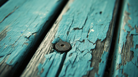 This close-up image showcases weathered wood planks featuring peeling blue paint and a rusty washer, highlighting the beauty in imperfections and age.の素材