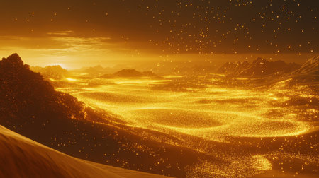 A breathtaking view of an enchanted sunrise over a golden landscape, featuring sparkling particles and dramatic mountains. This serene scenery captures the magic of nature's early light.の素材