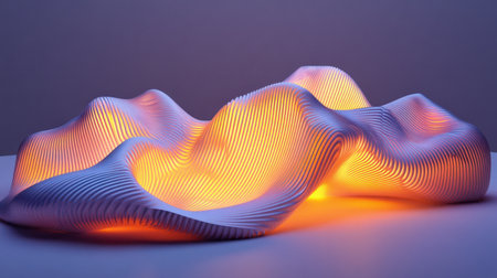 A captivating abstract sculpture featuring wavy forms that emit a soft glow, creating a tranquil ambiance in any indoor space with modern design.の素材