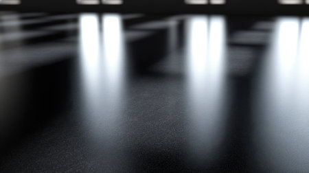 This abstract image captures a modern interior space, featuring soft illumination and shadows on a sleek dark floor, creating a serene atmosphere.の素材
