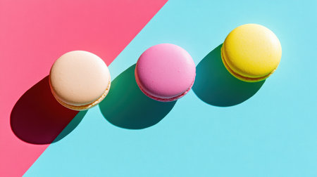 This vibrant image features three colorful macarons in pink, yellow, and beige positioned against a bright pink and blue background. The shadows and textures create an appealing visual for culinary and dessert design.の素材